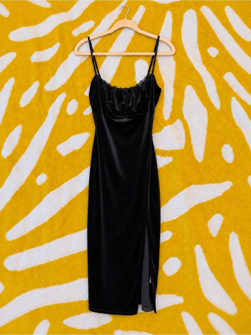 Fashion Nova Black Velvet Midi Slip Dress with Side Slit